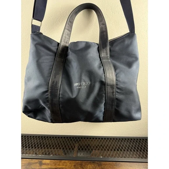 LARGE Jimmy Choo Parfums Luxury Bag Navy Nylon Leather Trim Shoulder Travel Tote - Picture 2 of 16